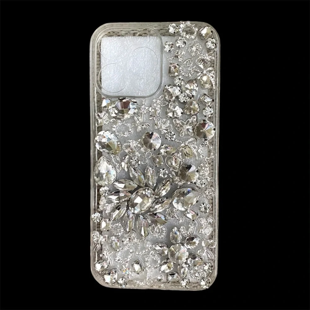 Silver Rhinestone iPhone 16 Pro Max Case with Camera Cutout